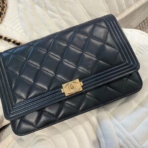 Authentic Chanel Boy Wallet on Chain Black Quilted Leather Gold Hardware WOC